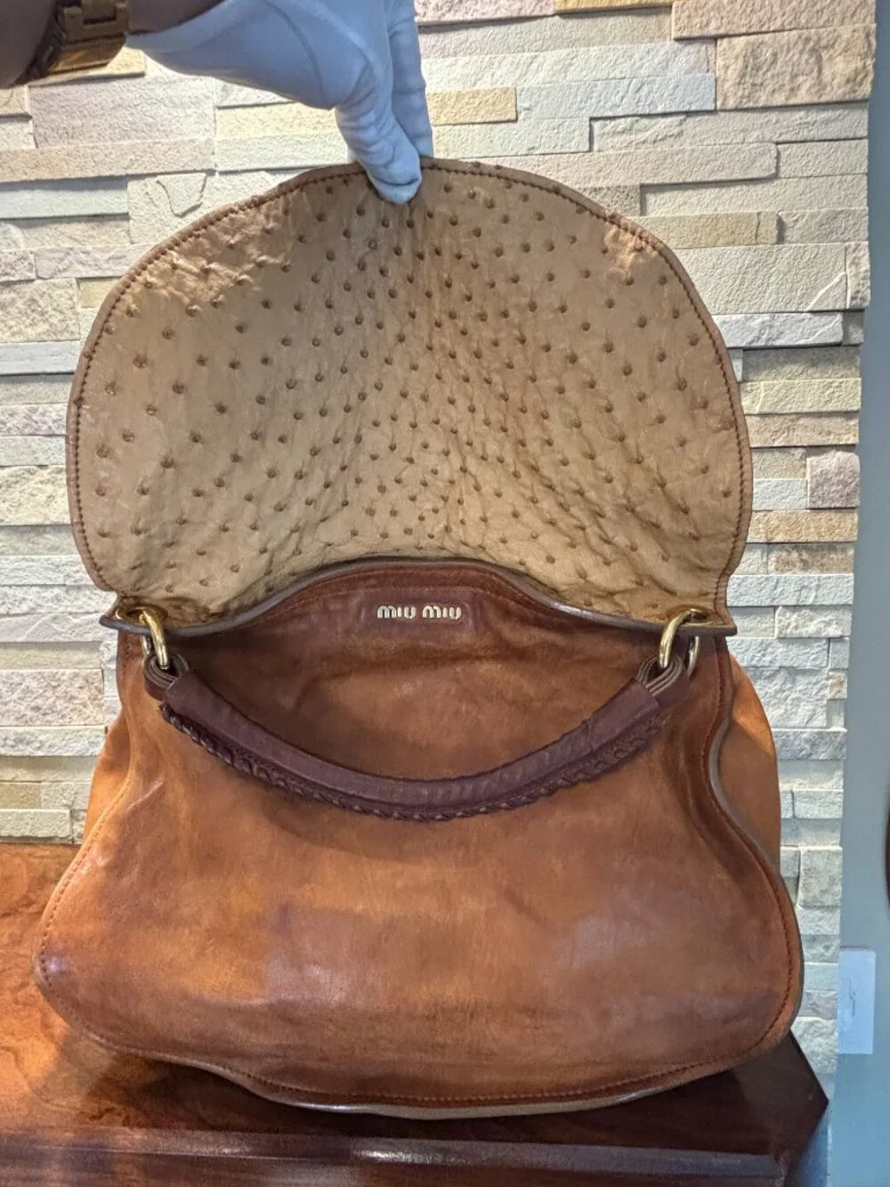 Miu Miu Vintage Ostrich Leather Aviator Hobo Bag Authentic